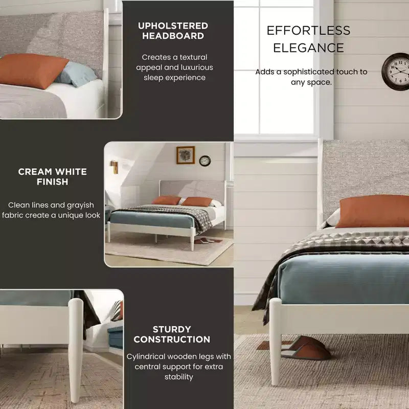 Ensemble de chambre 3 pièces, lit plateforme avec deux tables de chevet, blanc crème, Queen