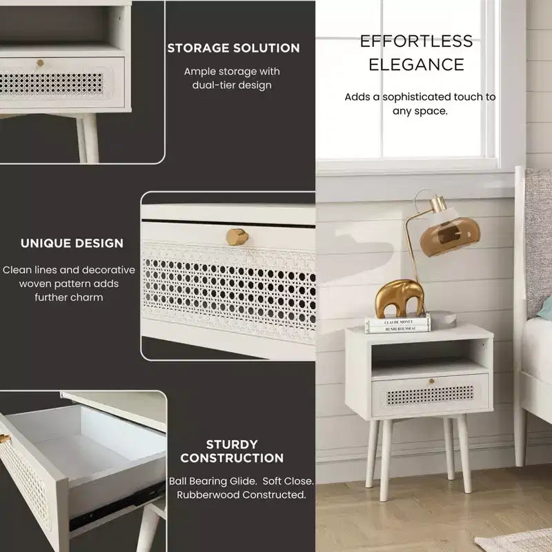 Ensemble de chambre 3 pièces, lit plateforme avec deux tables de chevet, blanc crème, Queen