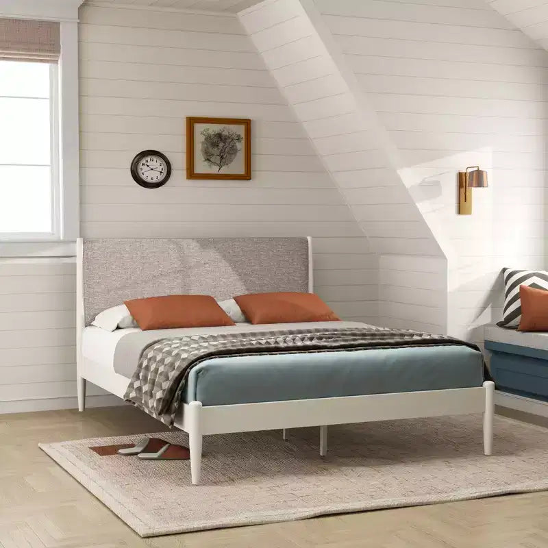 Ensemble de chambre 3 pièces, lit plateforme avec deux tables de chevet, blanc crème, Queen