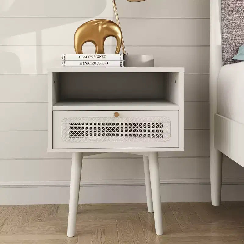 Ensemble de chambre 3 pièces, lit plateforme avec deux tables de chevet, blanc crème, Queen