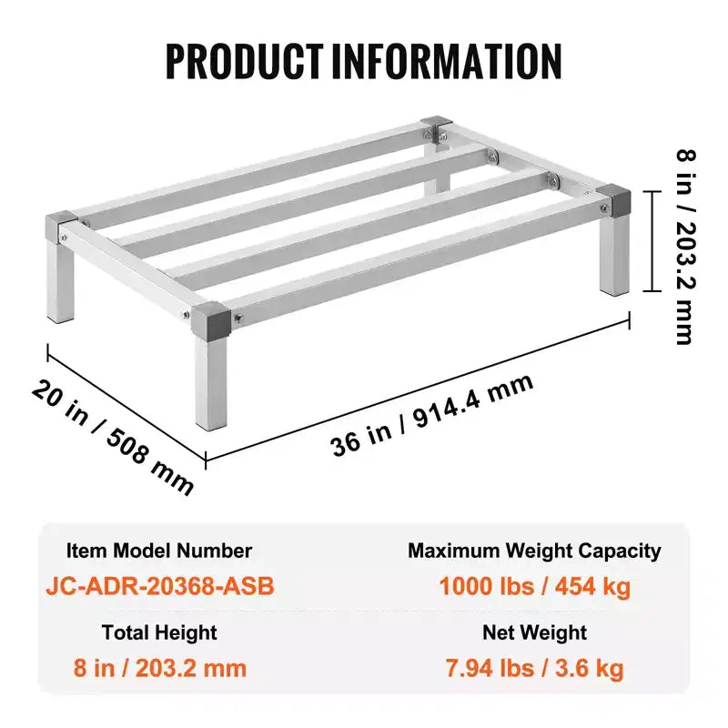 Étagère de Stockage en Aluminium Soudé, 91 x 51 cm, Support Commercial de Plancher Alimentaire, Hauteur 20 cm, Capacité 450 kg
