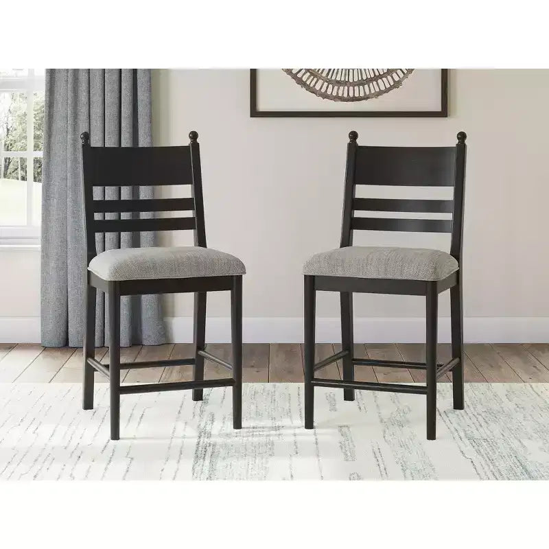Signature Design by Ashley Chadworth Counter Height Upholstered Barstools, Set of 2, Black Wood Frame with Gray Foam Cushioned Seat