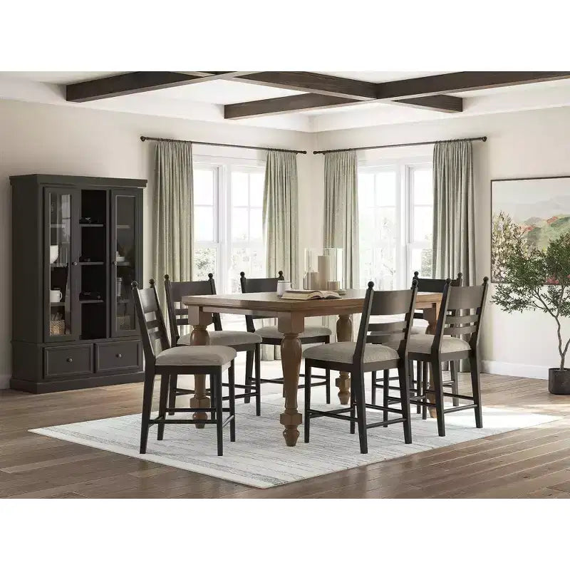 Tabourets de bar rembourrés hauteur comptoir, lot de 2, structure en bois noir avec assise rembourrée en mousse grise