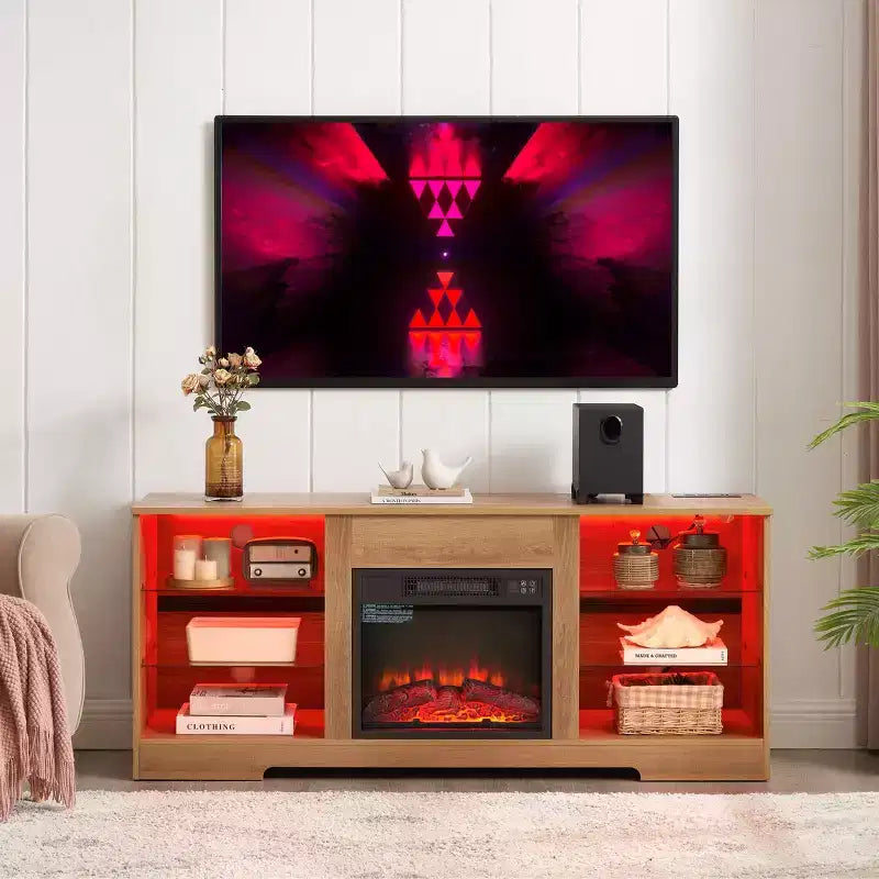 Meuble TV cheminée 3D avec lumières LED pour TV jusqu'à 60 pouces, prise de chargement USB et étagères en verre