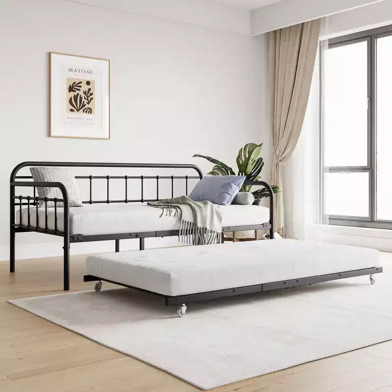 Cadre de Lit de Repos en Métal Taille Double avec Lit Gigogne, Plateforme de Canapé-Lit Robuste, Aucun Sommier Tapissier Nécessaire, Noir