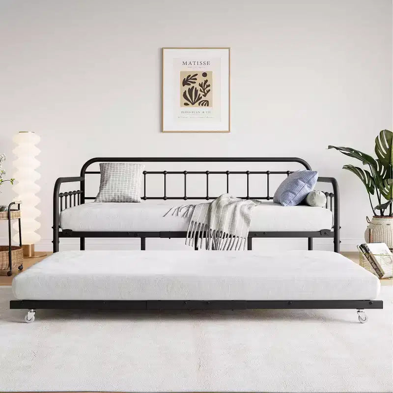 Cadre de Lit de Repos en Métal Taille Double avec Lit Gigogne, Plateforme de Canapé-Lit Robuste, Aucun Sommier Tapissier Nécessaire, Noir