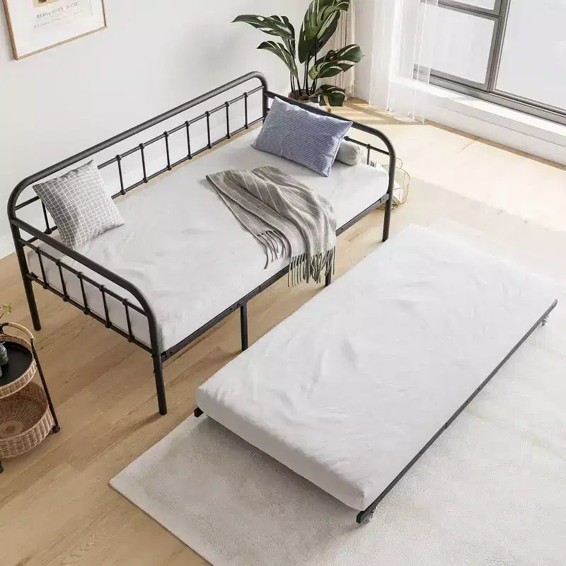 Cadre de Lit de Repos en Métal Taille Double avec Lit Gigogne, Plateforme de Canapé-Lit Robuste, Aucun Sommier Tapissier Nécessaire, Noir