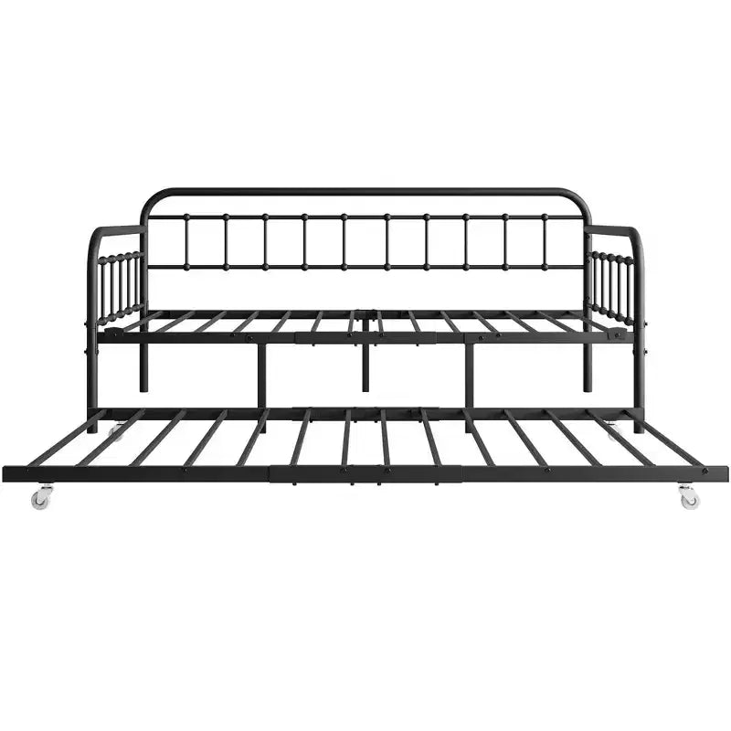 Cadre de Lit de Repos en Métal Taille Double avec Lit Gigogne, Plateforme de Canapé-Lit Robuste, Aucun Sommier Tapissier Nécessaire, Noir