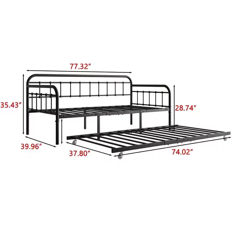 Cadre de Lit de Repos en Métal Taille Double avec Lit Gigogne, Plateforme de Canapé-Lit Robuste, Aucun Sommier Tapissier Nécessaire, Noir