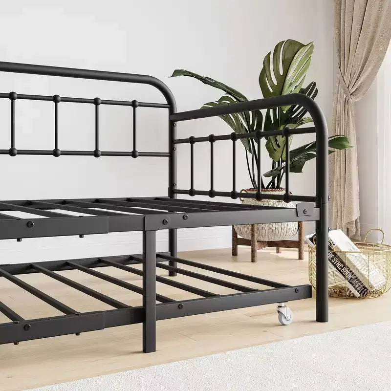 Cadre de Lit de Repos en Métal Taille Double avec Lit Gigogne, Plateforme de Canapé-Lit Robuste, Aucun Sommier Tapissier Nécessaire, Noir