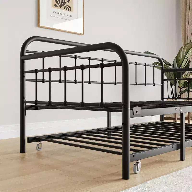 Cadre de Lit de Repos en Métal Taille Double avec Lit Gigogne, Plateforme de Canapé-Lit Robuste, Aucun Sommier Tapissier Nécessaire, Noir