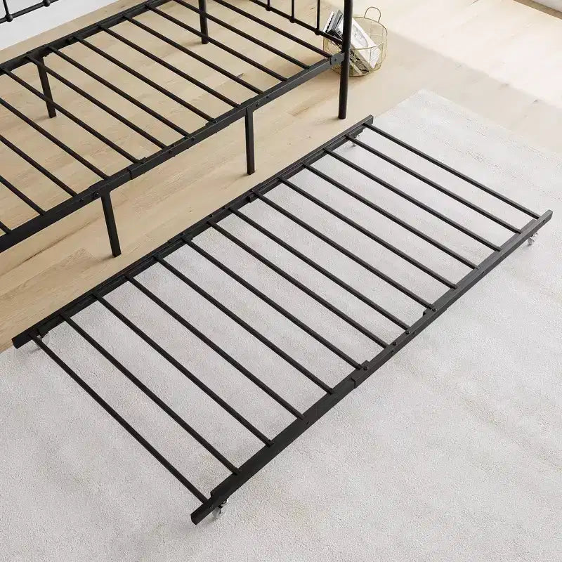 Cadre de Lit de Repos en Métal Taille Double avec Lit Gigogne, Plateforme de Canapé-Lit Robuste, Aucun Sommier Tapissier Nécessaire, Noir