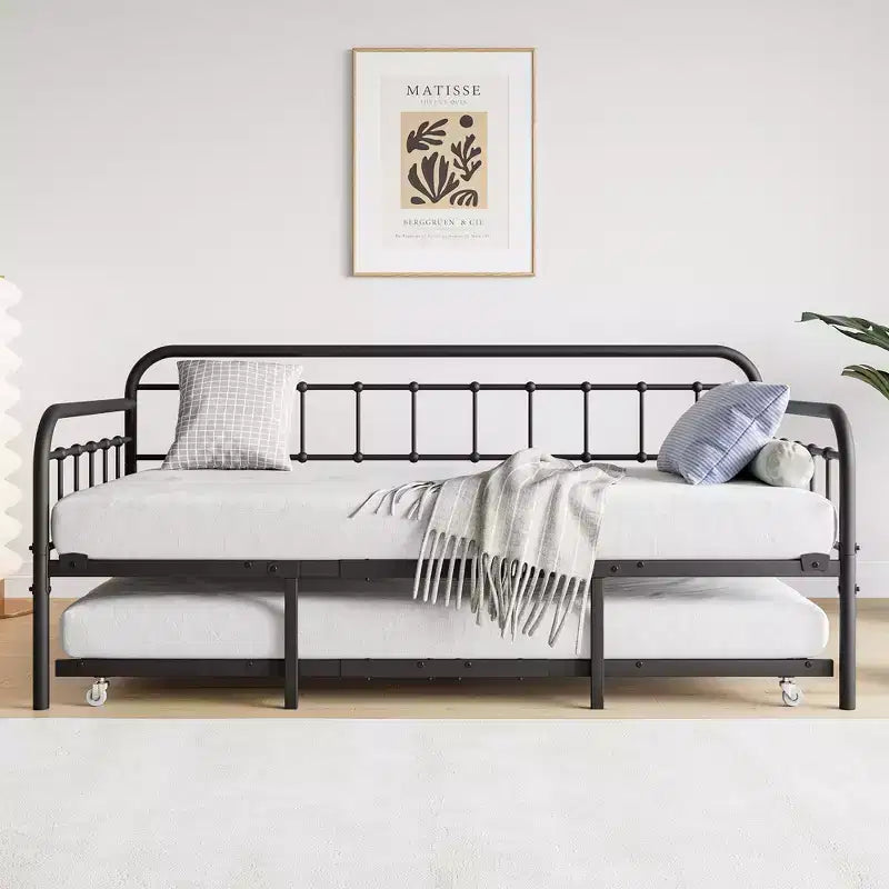 Cadre de Lit de Repos en Métal Taille Double avec Lit Gigogne, Plateforme de Canapé-Lit Robuste, Aucun Sommier Tapissier Nécessaire, Noir
