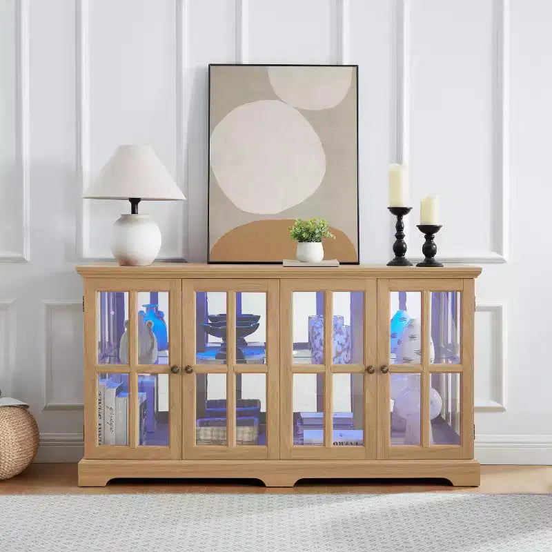 Curio Cabinet, Lighted Glass Display Cabinet w/ 4 Glass Doors & Adjustable Shelves, Lighted Showcase with LED Light Strip, TV Stand