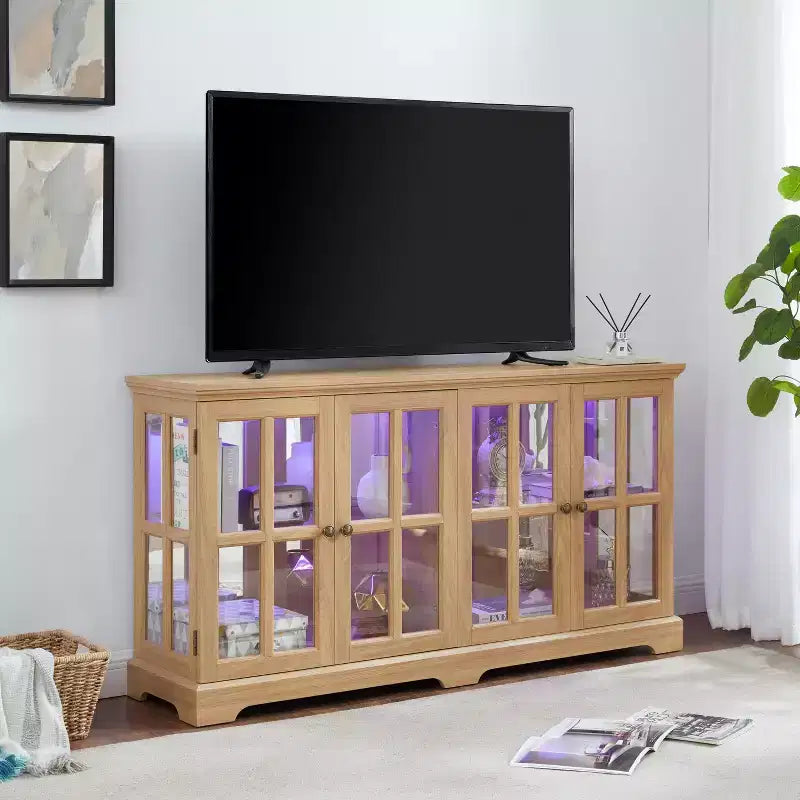 Meuble vitrine, vitrine en verre éclairée avec 4 portes vitrées et étagères réglables, vitrine éclairée avec bande lumineuse LED, meuble TV