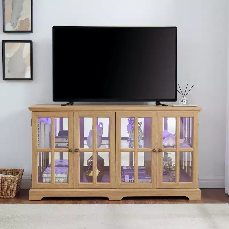 Meuble vitrine, vitrine en verre éclairée avec 4 portes vitrées et étagères réglables, vitrine éclairée avec bande lumineuse LED, meuble TV