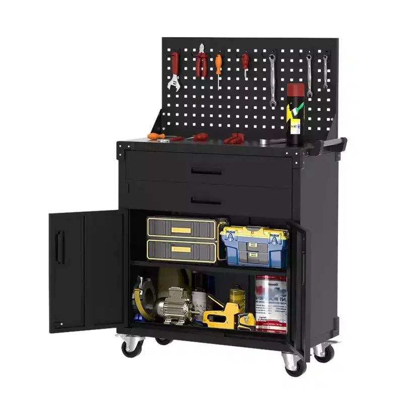 COZONY Heavy Duty Rolling Tool Cabinet with 2 Drawers & Pegboard, Lockable Garage Workbench for Workshop Storage