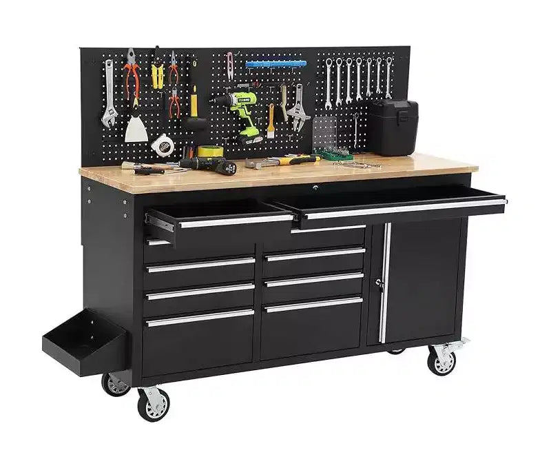 61-Inch 10-Drawer Rolling Tool Chest & Garage Workbench with Power Strip, Solid Rubber Wood Top, 1675 LBS Load Heavy Duty Mobile Workstation Cabinet