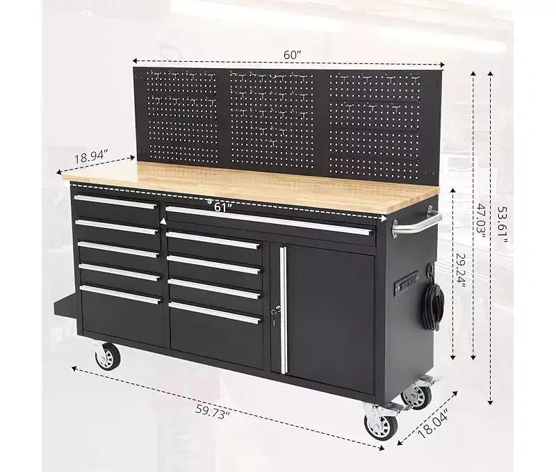Servante d'atelier roulante et établi de garage 10 tiroirs de 155 cm avec multiprise, plateau en bois d'hévéa massif, capacité de charge de 760 kg, armoire de poste de travail mobile robuste