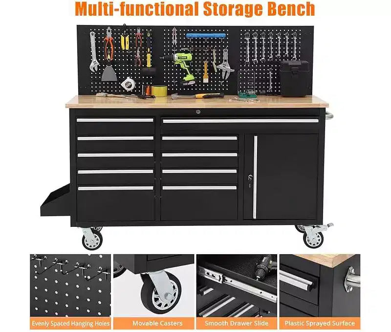 Servante d'atelier roulante et établi de garage 10 tiroirs de 155 cm avec multiprise, plateau en bois d'hévéa massif, capacité de charge de 760 kg, armoire de poste de travail mobile robuste
