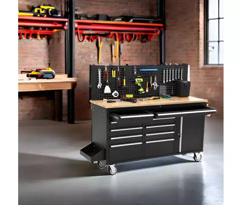 Servante d'atelier roulante et établi de garage 10 tiroirs de 155 cm avec multiprise, plateau en bois d'hévéa massif, capacité de charge de 760 kg, armoire de poste de travail mobile robuste
