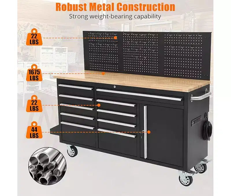 Servante d'atelier roulante et établi de garage 10 tiroirs de 155 cm avec multiprise, plateau en bois d'hévéa massif, capacité de charge de 760 kg, armoire de poste de travail mobile robuste
