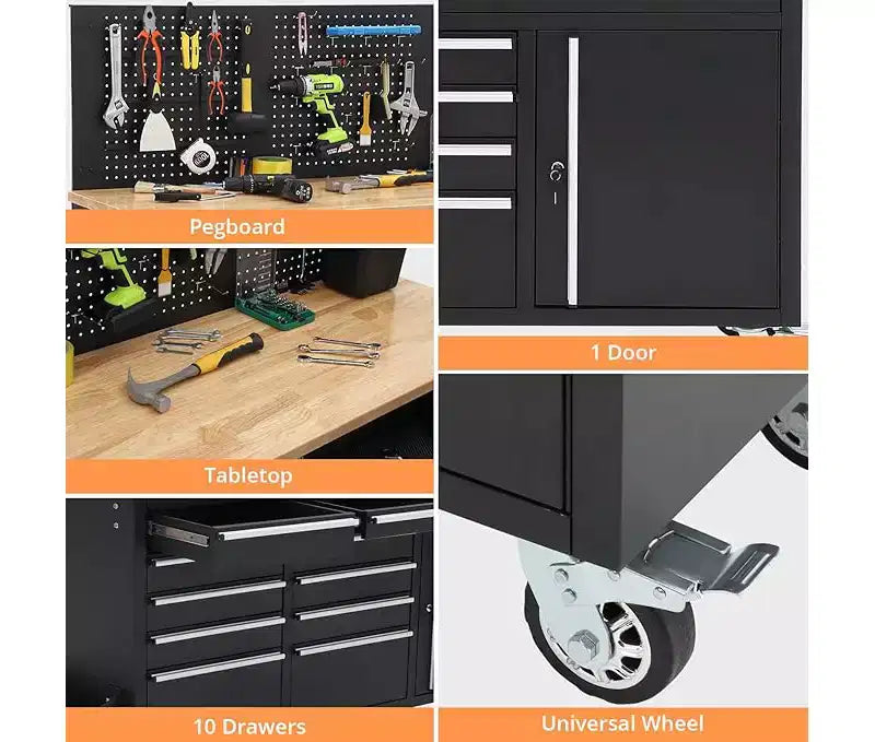 Servante d'atelier roulante et établi de garage 10 tiroirs de 155 cm avec multiprise, plateau en bois d'hévéa massif, capacité de charge de 760 kg, armoire de poste de travail mobile robuste