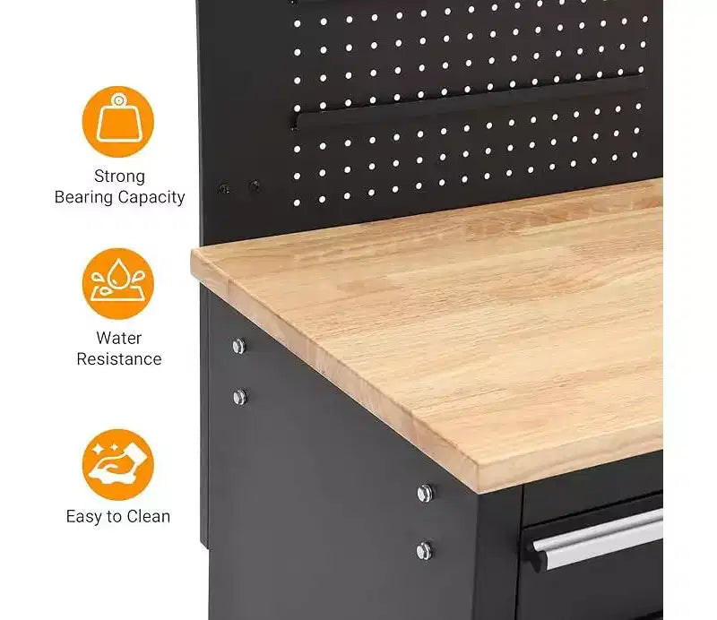 Servante d'atelier roulante et établi de garage 10 tiroirs de 155 cm avec multiprise, plateau en bois d'hévéa massif, capacité de charge de 760 kg, armoire de poste de travail mobile robuste