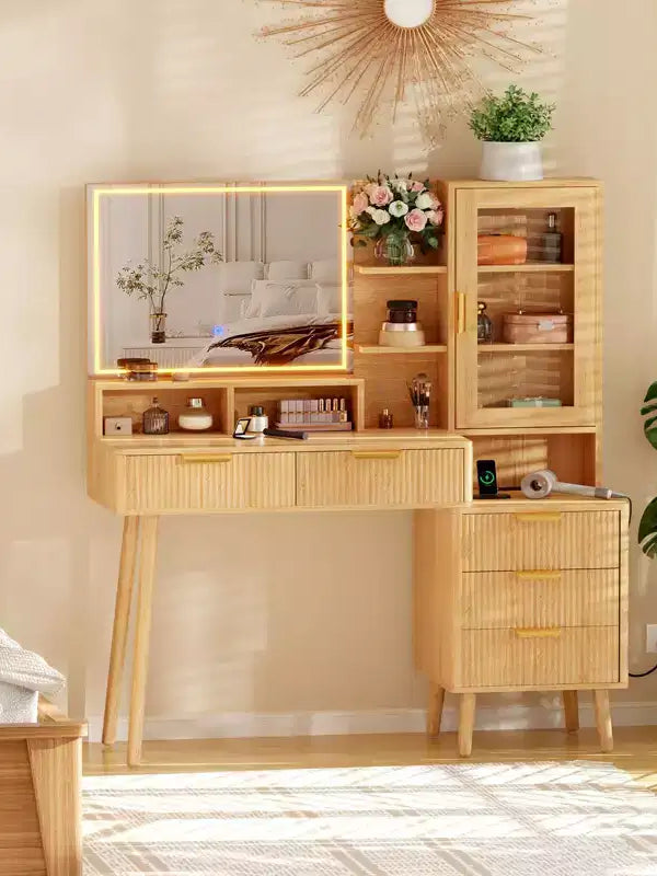 Coiffeuse 5 tiroirs avec lumières et prise de courant, Table de maquillage cannelée avec miroir éclairé de 23,6 po