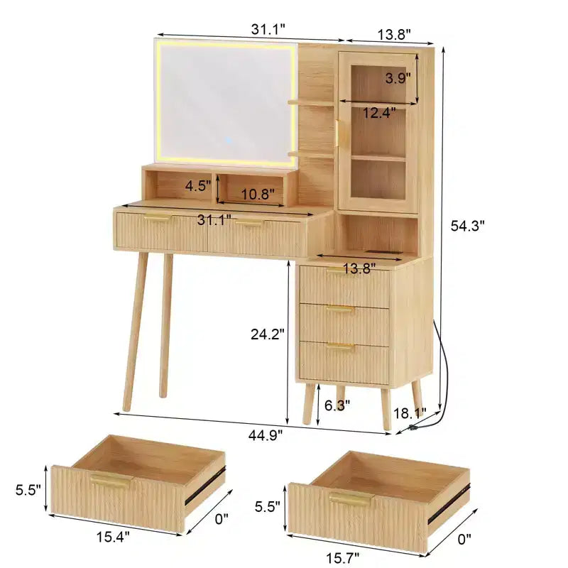 Coiffeuse 5 tiroirs avec lumières et prise de courant, Table de maquillage cannelée avec miroir éclairé de 23,6 po