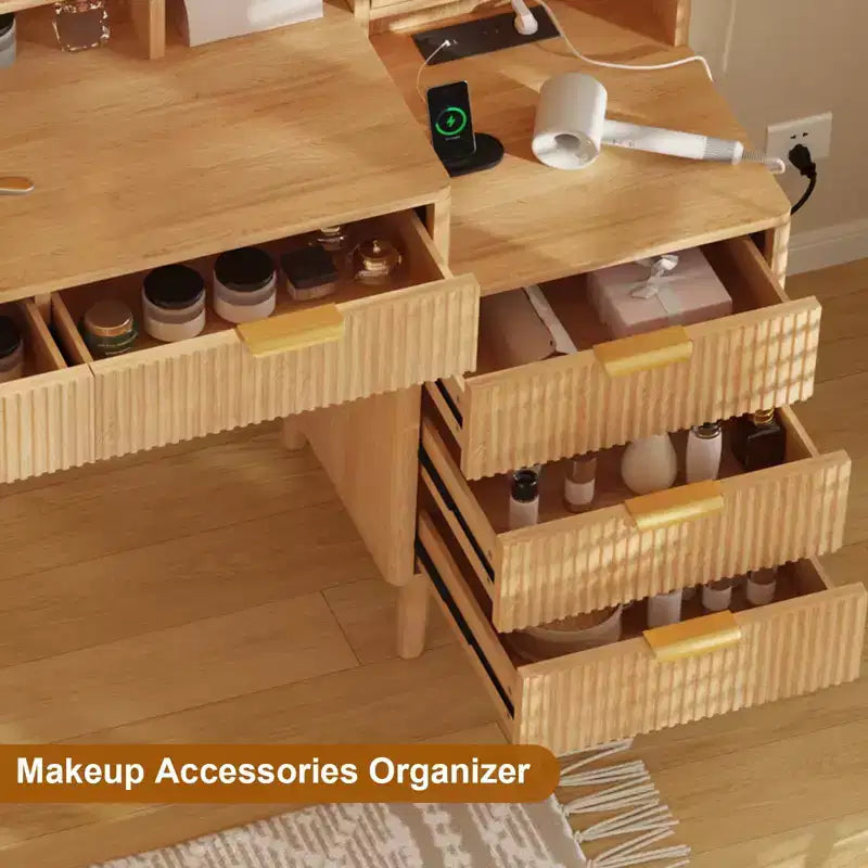Coiffeuse 5 tiroirs avec lumières et prise de courant, Table de maquillage cannelée avec miroir éclairé de 23,6 po