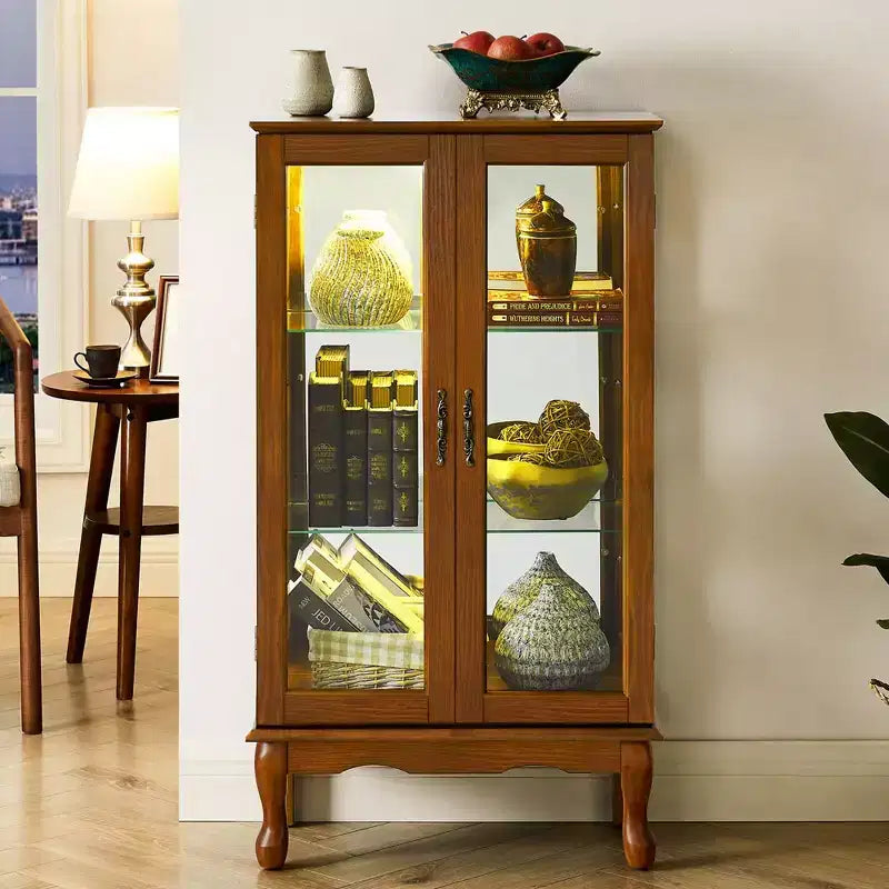 Vitrine en verre avec étagères réglables, portes en verre trempé et fond miroir, vitrine de présentation moderne pour salon et cuisine