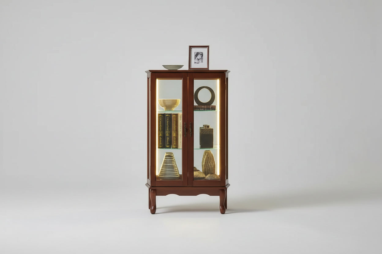 Vitrine en verre avec étagères réglables, portes en verre trempé et fond miroir, vitrine de présentation moderne pour salon et cuisine