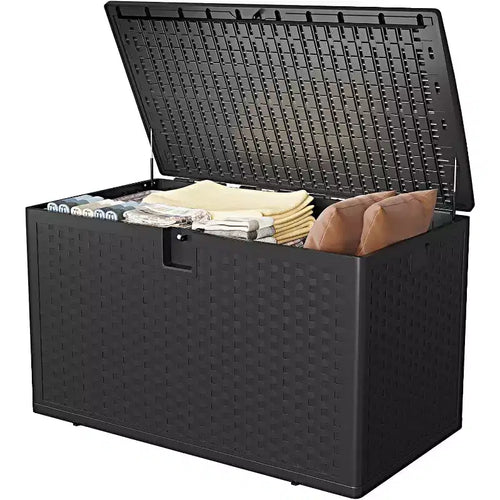 Coffre de rangement extérieur de 454 L, boîte de rangement verrouillable, organiseur de terrasse étanche en résine avec finition rotin, pour jardin et arrière-cour