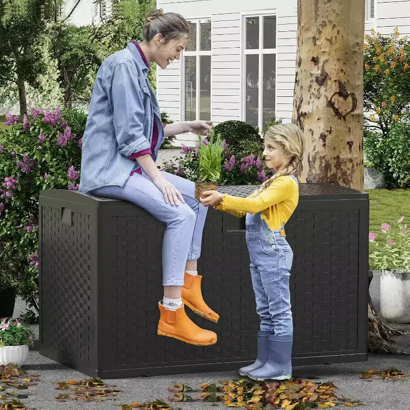 Coffre de rangement extérieur de 454 L, boîte de rangement verrouillable, organiseur de terrasse étanche en résine avec finition rotin, pour jardin et arrière-cour