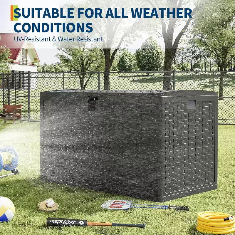 Coffre de rangement extérieur de 454 L, boîte de rangement verrouillable, organiseur de terrasse étanche en résine avec finition rotin, pour jardin et arrière-cour