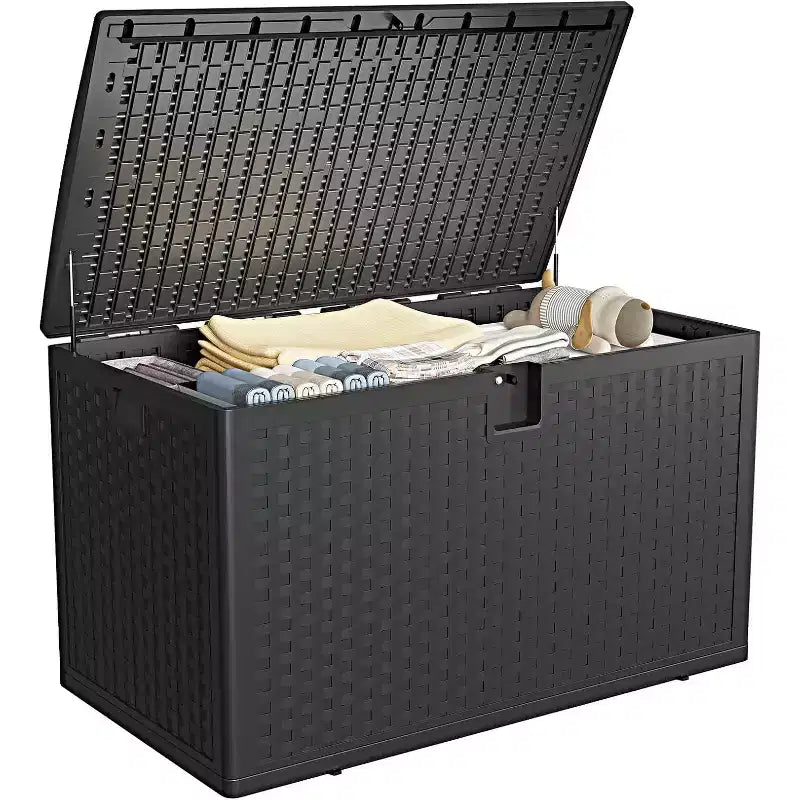 Acekool 120 Gallon Outdoor Storage Box, Lockable Deck Box, Waterproof Resin Patio Organizer with Rattan Finish, for Garden & Backyard