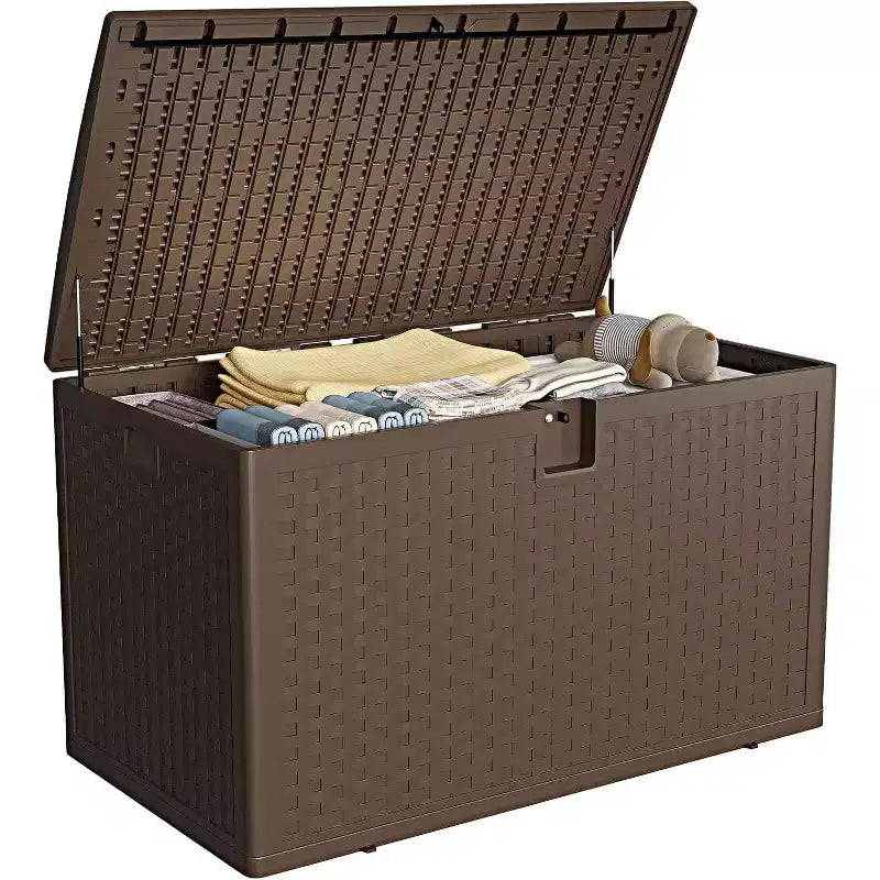 Coffre de rangement extérieur de 454 L, boîte de rangement verrouillable, organiseur de terrasse étanche en résine avec finition rotin, pour jardin et arrière-cour