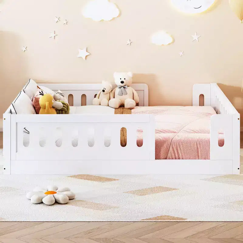 Lit de sol pleine grandeur avec barrière, lit Montessori en bois avec balustrades de sécurité pour garçons et filles