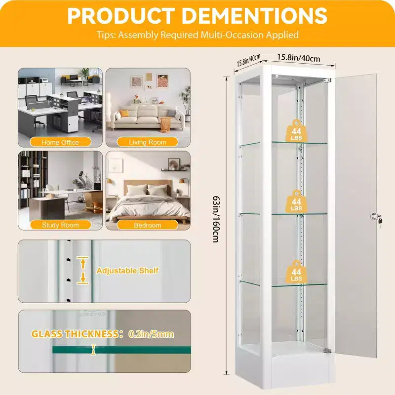 Vitrine d'exposition en verre à 4 niveaux avec serrure, vitrine 63 en verre trempé avec porte et étagères réglables