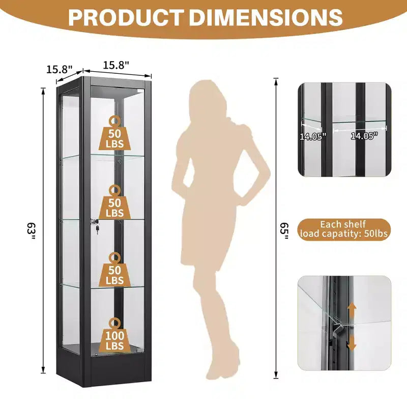 Vitrine d'exposition en verre à 4 niveaux avec serrure, vitrine 63 en verre trempé avec porte et étagères réglables