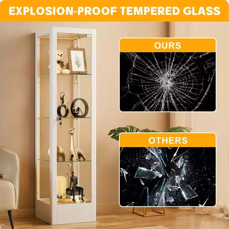 Vitrine d'exposition en verre à 4 niveaux avec serrure, vitrine 63 en verre trempé avec porte et étagères réglables