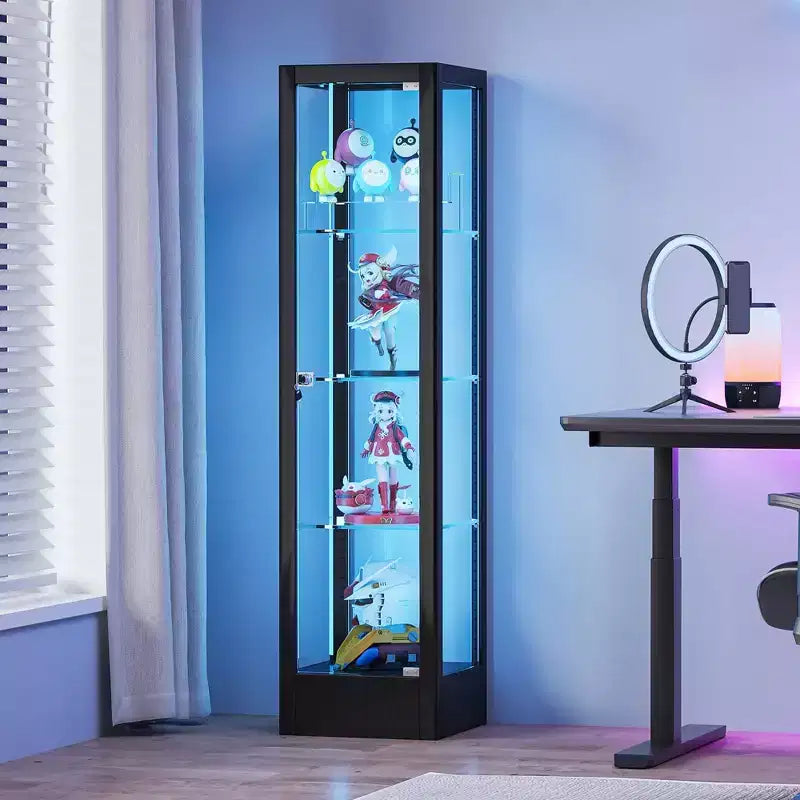 Vitrine d'exposition en verre à 4 niveaux avec serrure, vitrine 63 en verre trempé avec porte et étagères réglables