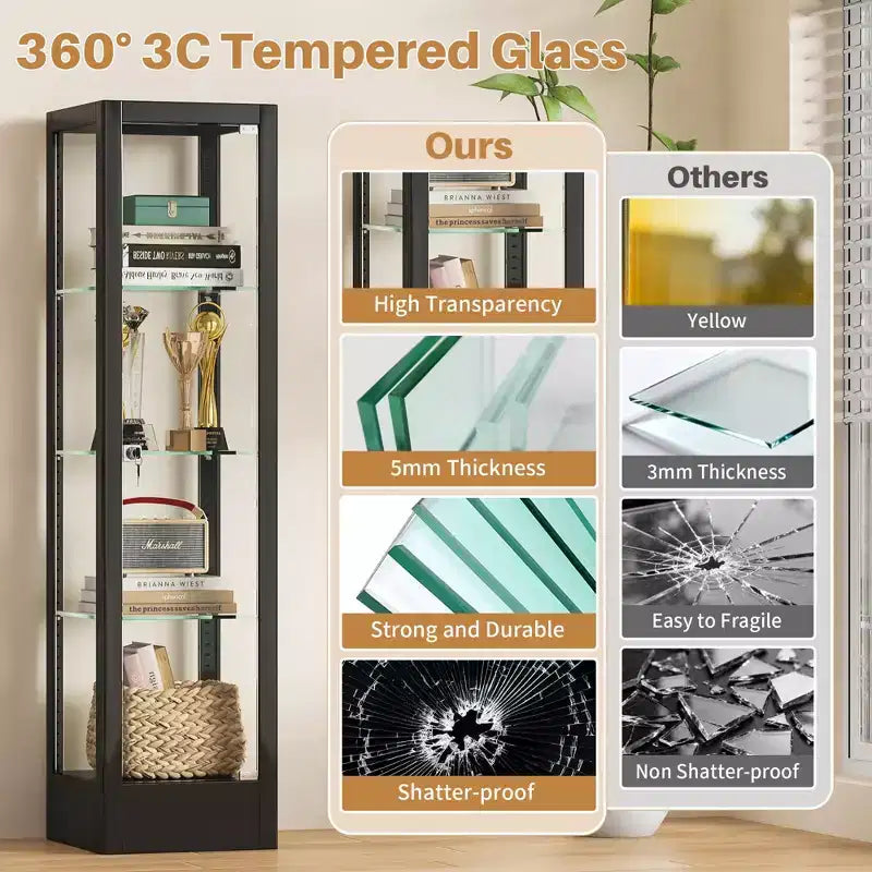 Vitrine d'exposition en verre à 4 niveaux avec serrure, vitrine 63 en verre trempé avec porte et étagères réglables