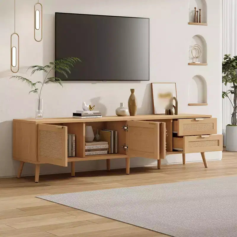 Meuble TV moderne pour téléviseurs jusqu'à 80 pouces, meuble de divertissement en bois de 70 pouces avec rangement et 2 tiroirs, console de table TV pour salon et chambre à coucher.