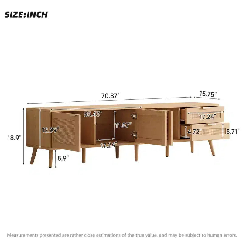 Meuble TV moderne pour téléviseurs jusqu'à 80 pouces, meuble de divertissement en bois de 70 pouces avec rangement et 2 tiroirs, console de table TV pour salon et chambre à coucher.