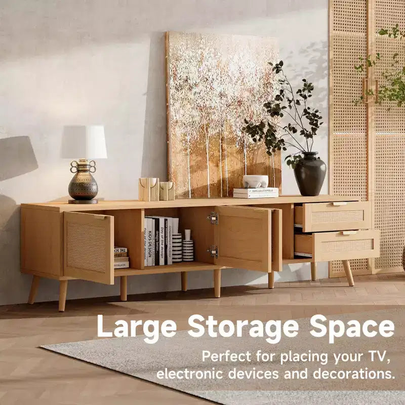 Meuble TV moderne pour téléviseurs jusqu'à 80 pouces, meuble de divertissement en bois de 70 pouces avec rangement et 2 tiroirs, console de table TV pour salon et chambre à coucher.