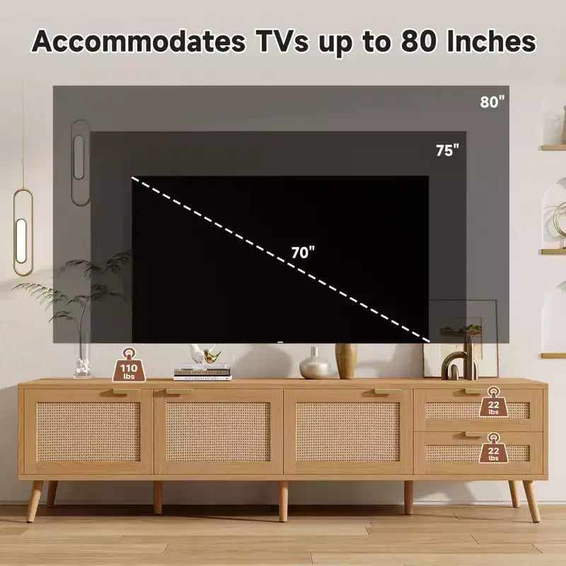 Meuble TV moderne pour téléviseurs jusqu'à 80 pouces, meuble de divertissement en bois de 70 pouces avec rangement et 2 tiroirs, console de table TV pour salon et chambre à coucher.