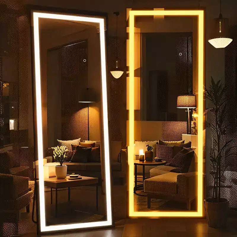 TUYOHW Modern Full Length Mirror with Adjustable 3 Color LED Wall Mounted Mirror Standing Hanging Leaning Mirror for Living Room,Bedroom,Black