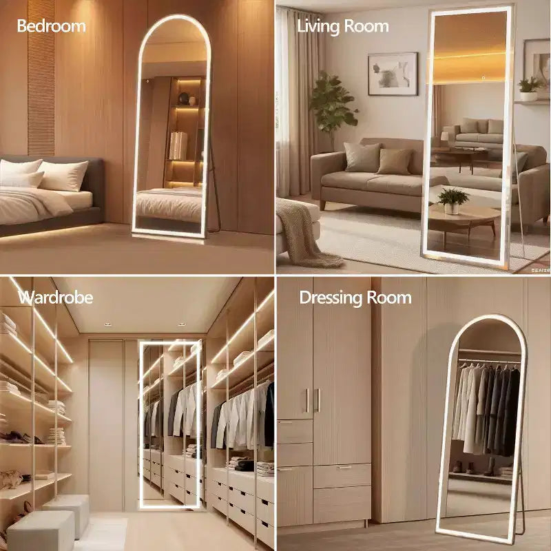 Miroir pleine longueur moderne avec LED réglable 3 couleurs Miroir mural, sur pied, à suspendre ou à poser pour salon, chambre, noir